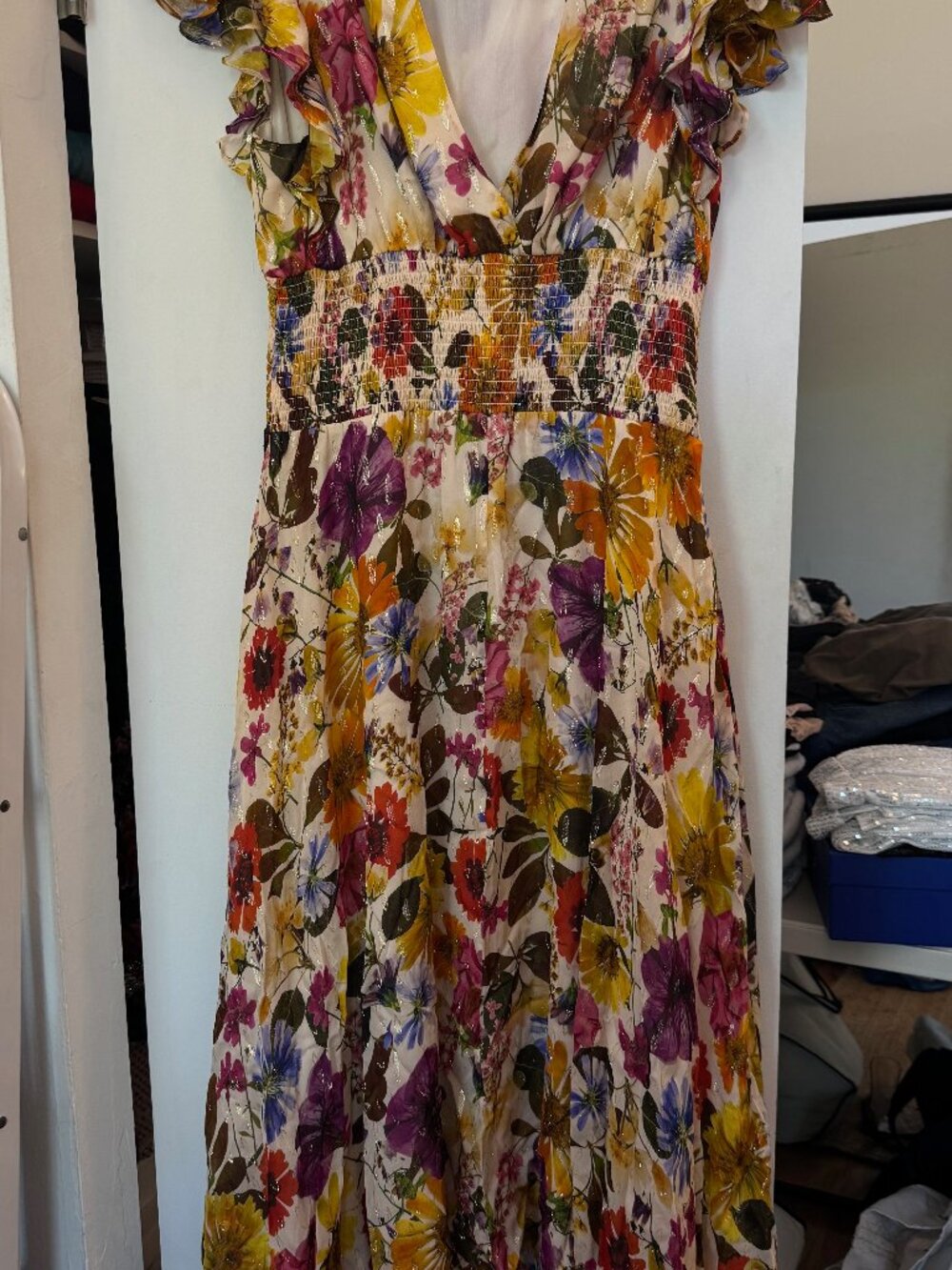 Shoshanna Midnight Multicolor Floral Ruffle Sleeve Dress Size 12